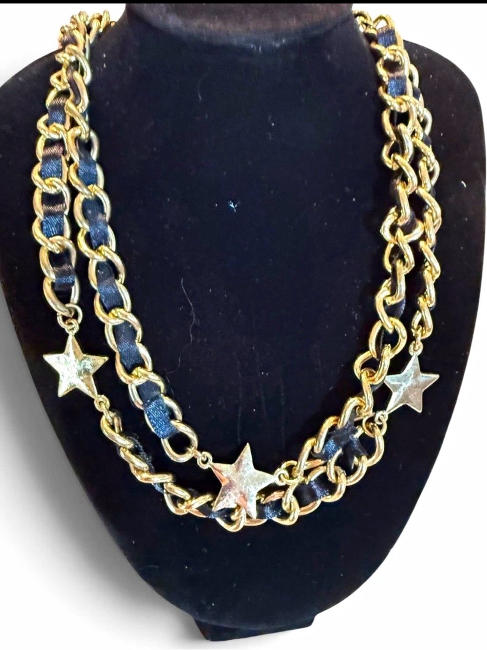Betsey Johnson Gold-tone Star Chain Necklace with Black Ribbon Accents